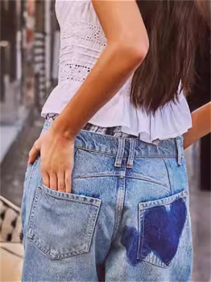 Women's Mid-Rise Heart and Five-pointed Star Pattern Jeans