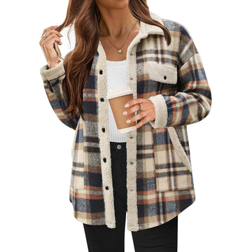 Women's Fleece Flannel Button Down Plaid Shacket Jacket