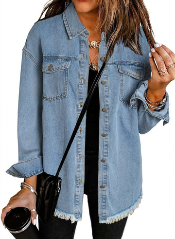 Women's Casual Denim Button Down Distressed Jacket