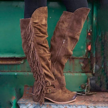 Women's Knee High Fringe Boots Suede Long Tassels Boots