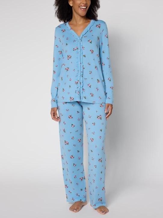 Womens Cozy Jersey Ruffle Cardigan Pajama Set