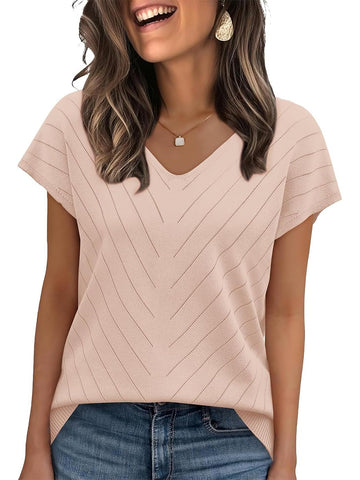 Women's V Neck Hollow Crochet Short Sleeve Knitted Light Sweater