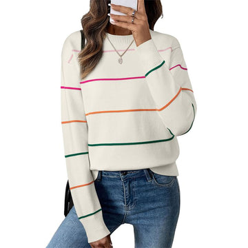 Women's Striped Sweater Cozy Soft Ribbed Knit Crew Neck Long Sleeve