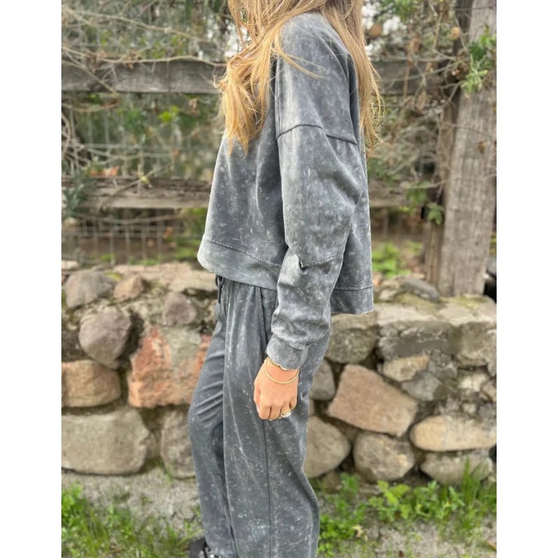 Vintage Washed Pullover Cropped Hoodie and Pants Set