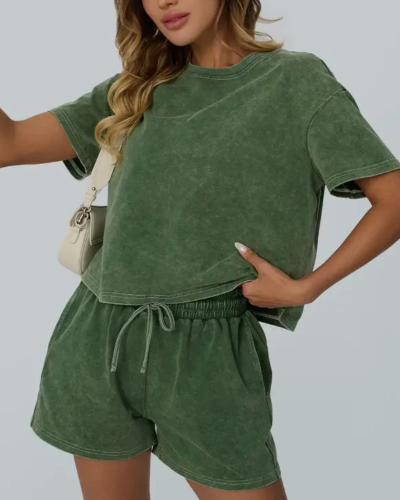 Women's Casual Acid Wash Short Sleeve Shorts Two Piece Set