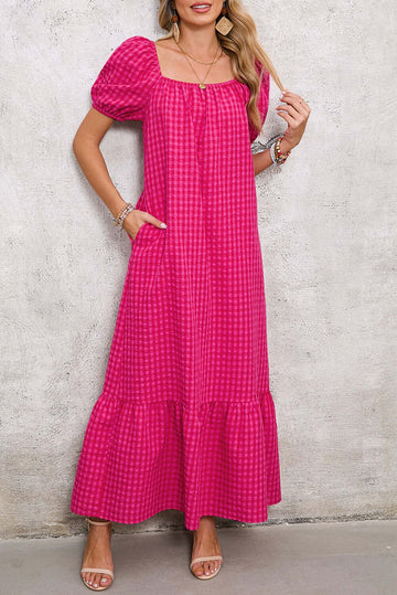 Women's Puff Sleeve Square Neck Check Maxi Dress