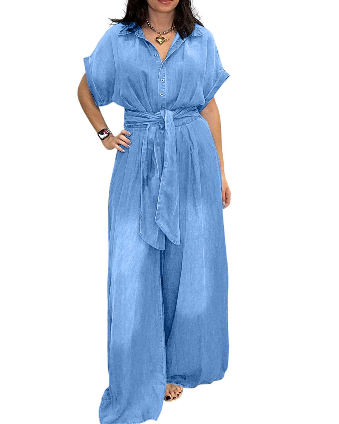 Women's Tie-Waist Wide-Leg Denim Jumpsuit