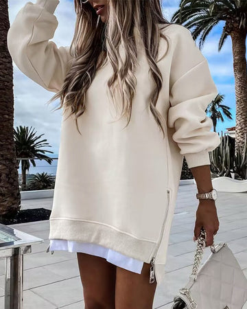 Women’s Long Sleeve Pullover Sweatshirt Zipper Slit Casual Dress