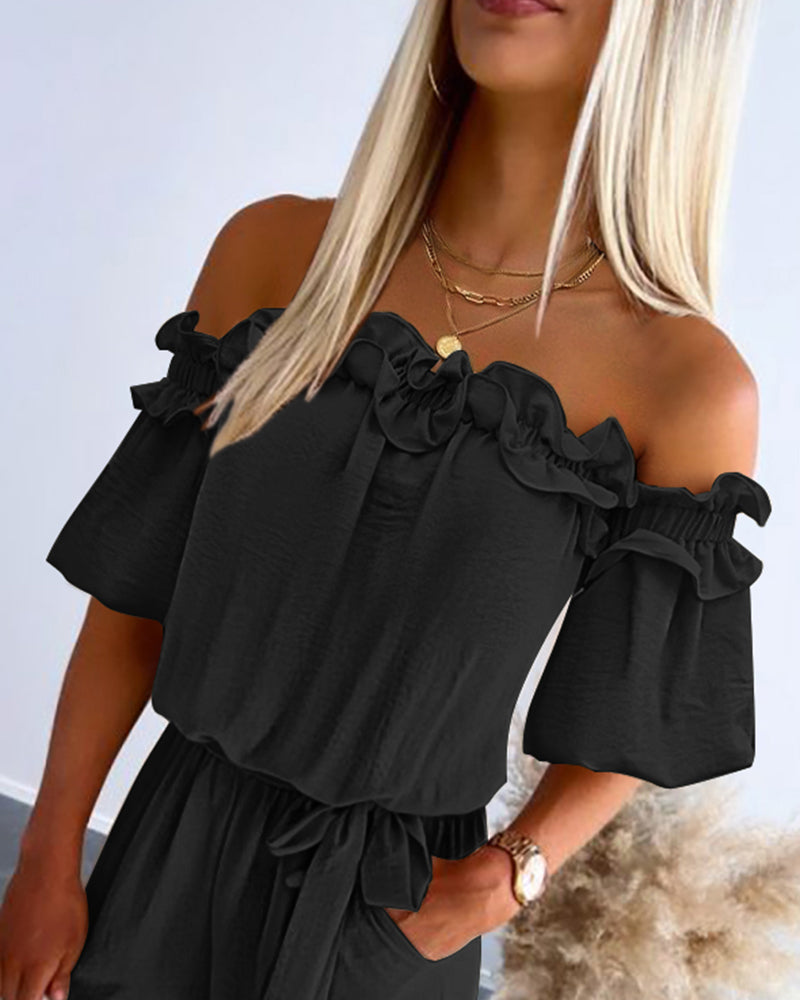 Women's Ruffle Off-the-shoulder Tie-Drape Jumpsuit with Pockets