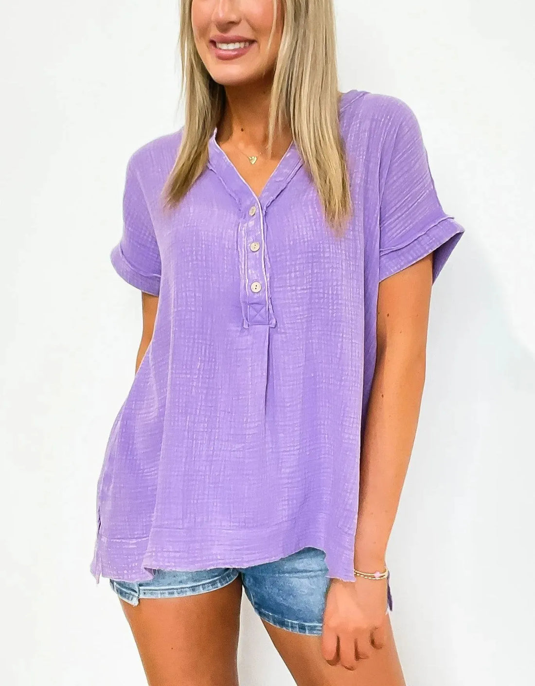 Women's Washed Double Gauze 3/4 Button Henley Top