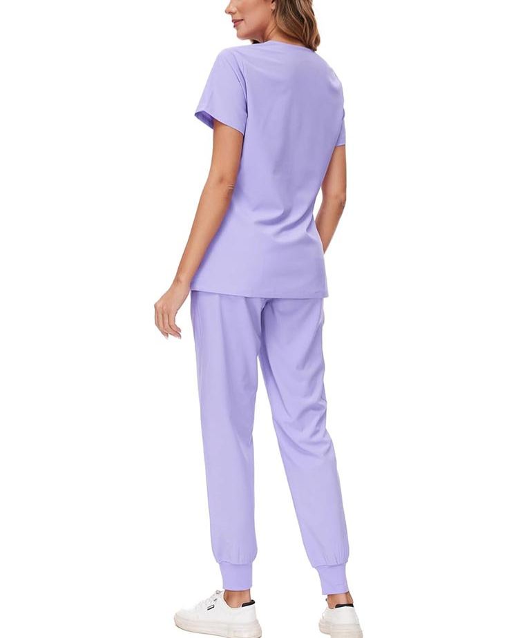 Womens Stretch V-Neck Scrub Top and Jogger Pant Set with 8 Pockets