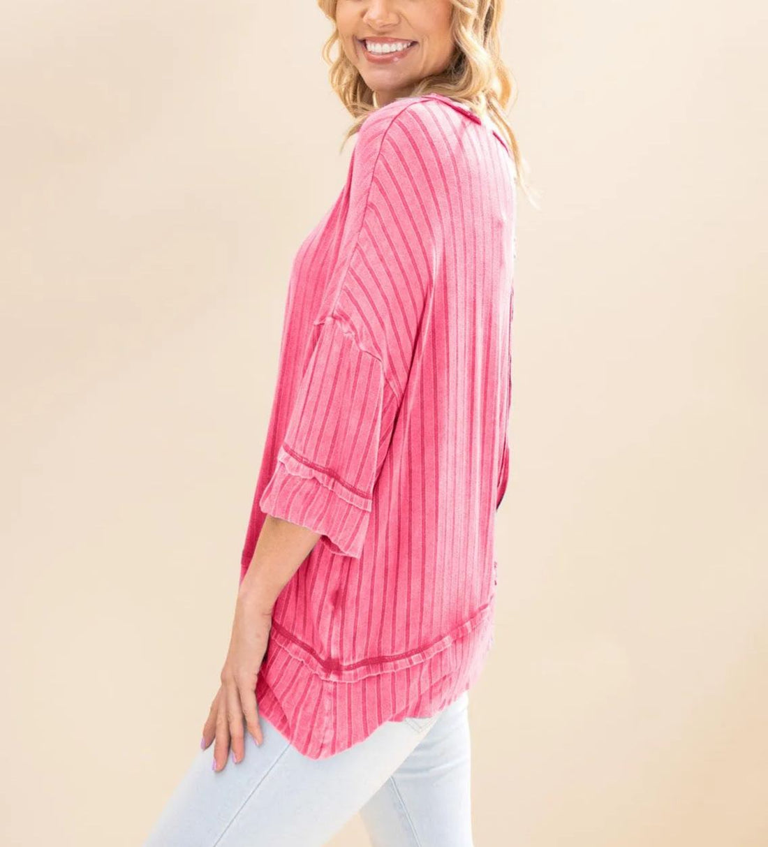 Women's Acid Washed Ribbed Drop Shoulder Half Sleeve Boat-Neck Top