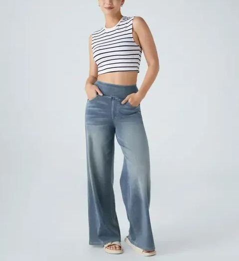 Women's High-Waisted Washed Baggy Wide-Leg Stretchy Knit Jeans with Multiple Pockets