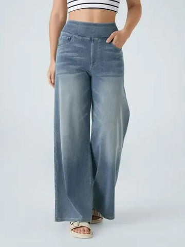 Women's High-Waisted Washed Baggy Wide-Leg Stretchy Knit Jeans with Multiple Pockets