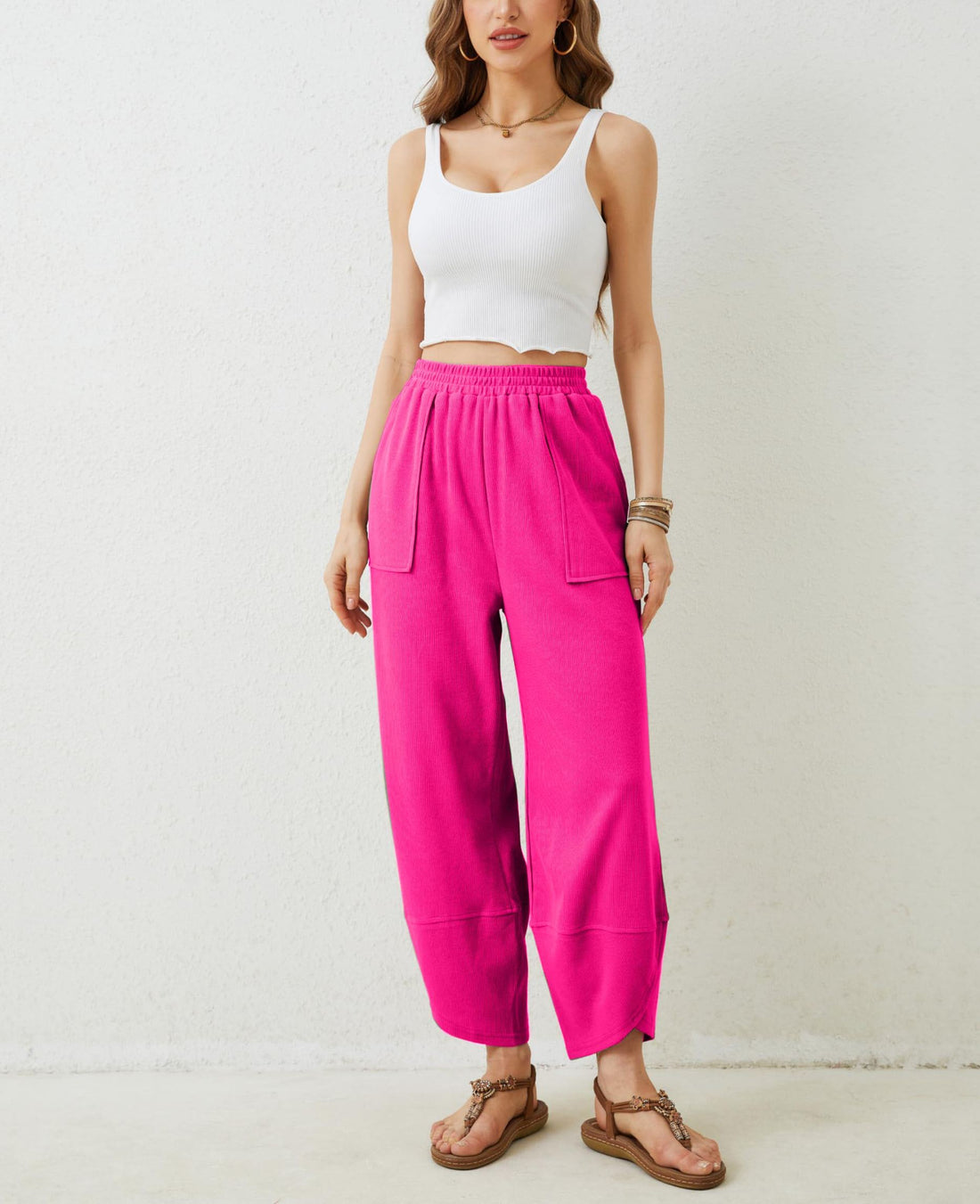 Womens Baggy Wide Leg Pants Casual Elastic Waisted Palazzo Harem Pants with Pockets