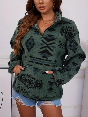 Women's Geometric Print Half Zip Sherpa Pullover Sweatshirt
