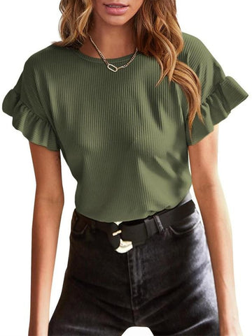 Women's Summer Ruffle Solid Color Crew Neck Basic T-Shirt