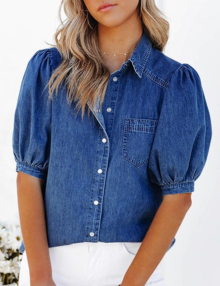 Women's Casual Puff Sleeve Denim Button-Down Shirt Top