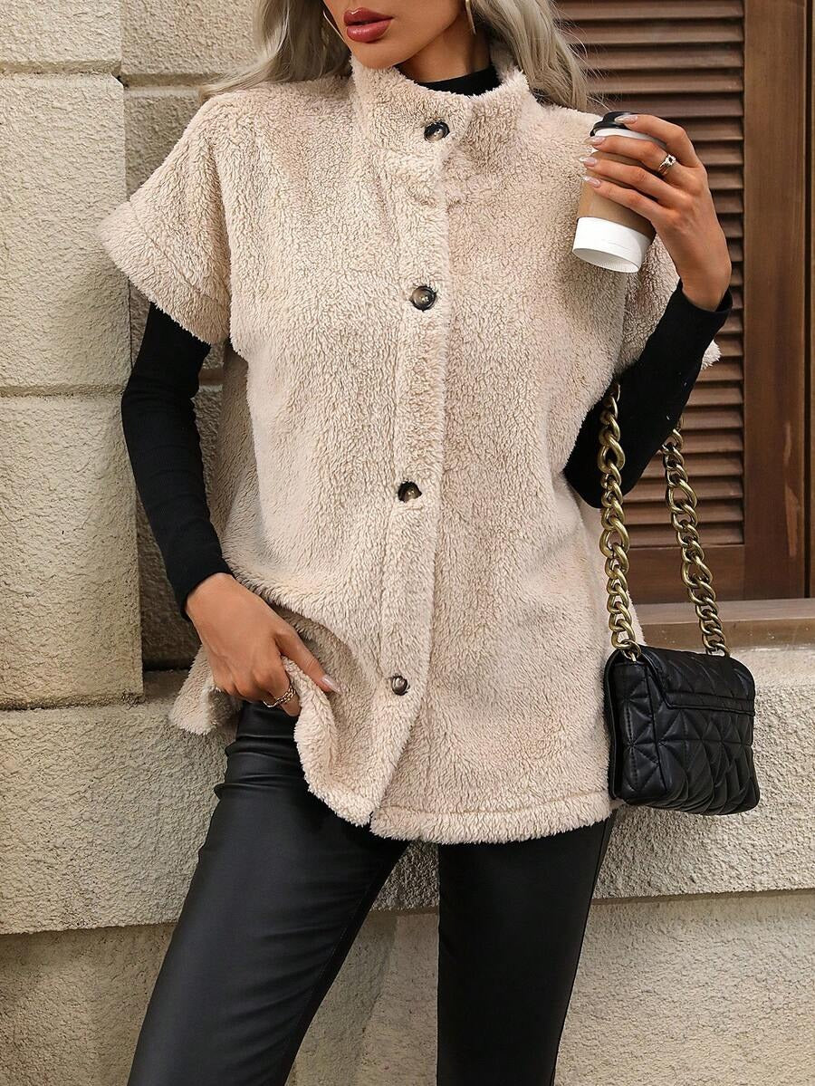 Womens Fuzzy Fleece Vest Oversized  Button Down Sherpa Vest Jacket with Pockets