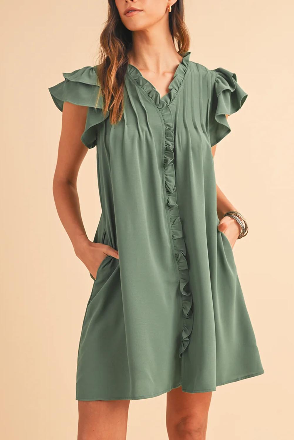 Women's Ruffle Trim Sleeveless V Neck Casual Flowy Pleated  Mini Dress with Pockets