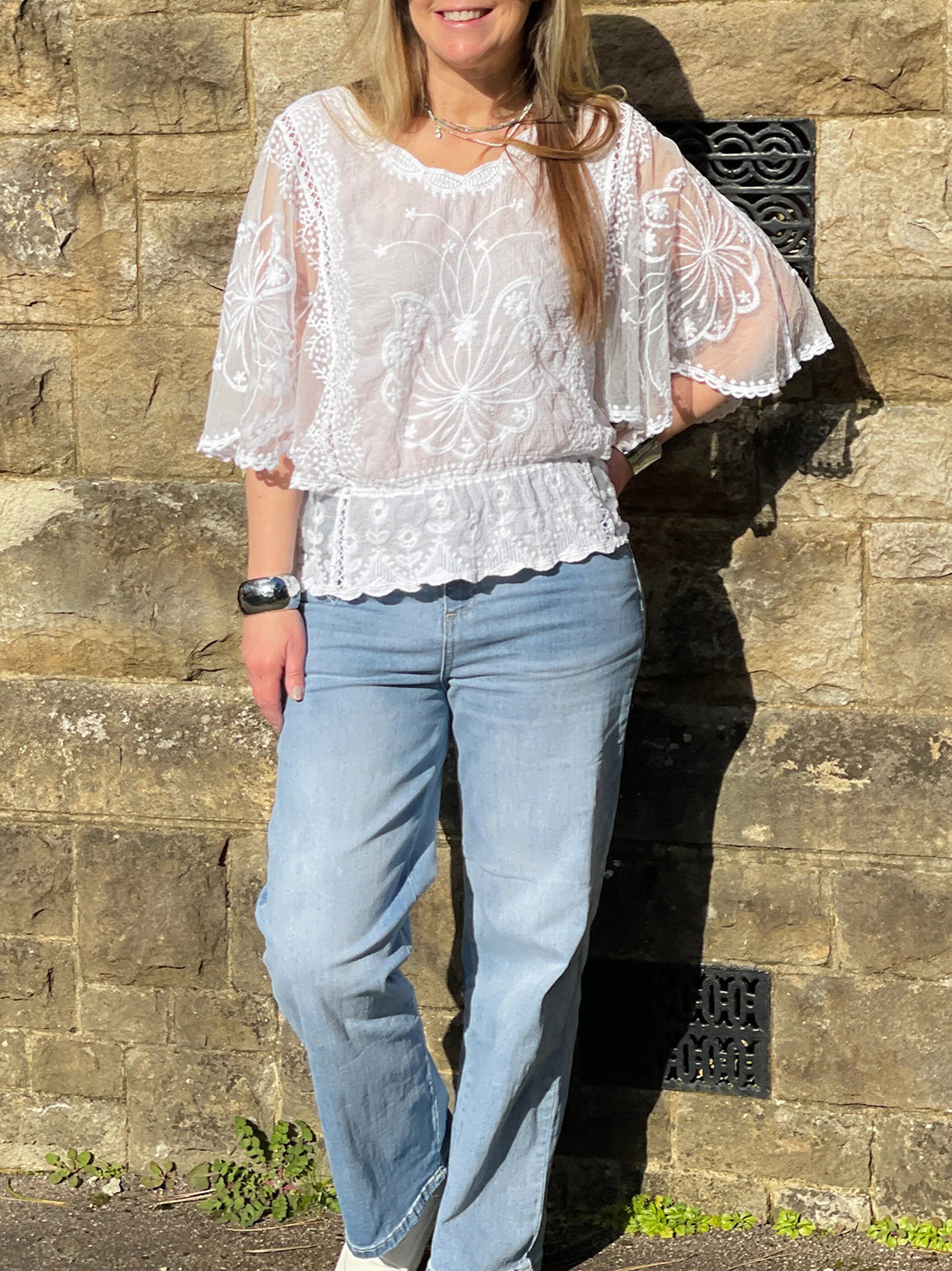 Women's Embroidered Lace Hollow Trumpet Sleeve Shirt Top