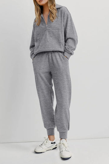 Women's Ribbed Half-Zip Two-Piece Pocket Long-Sleeve Top and Drawstring Pants