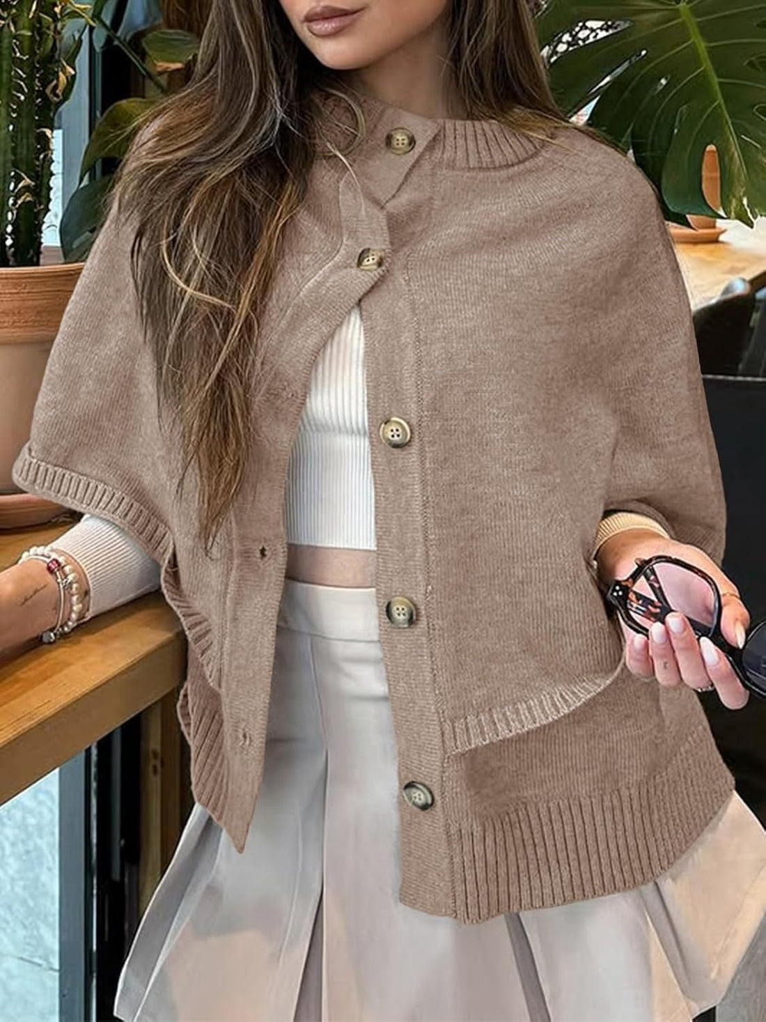 Women's Button Up Crew Neck Knit Knit Cape Cardigan Sweater