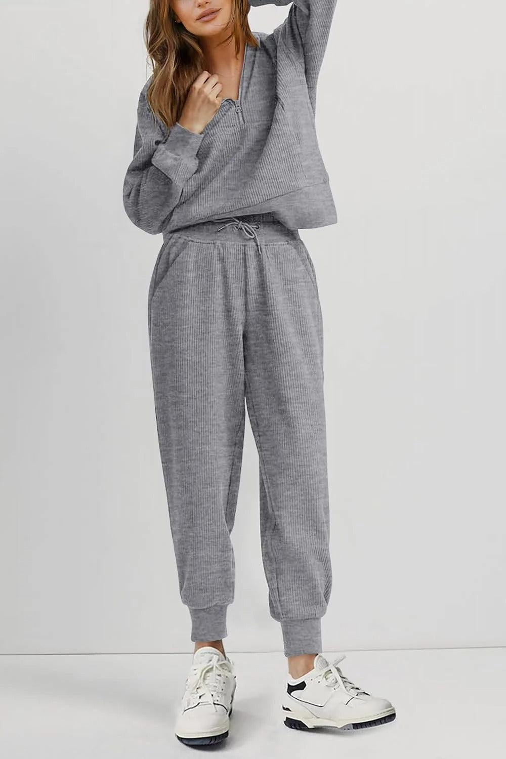 Women's Ribbed Half-Zip Two-Piece Pocket Long-Sleeve Top and Drawstring Pants
