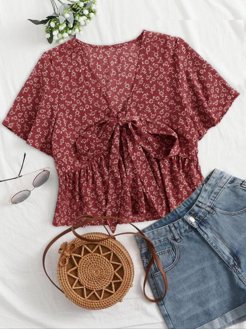 Women's Ruffle Short Sleeve Tie Front Floral Print Shirt