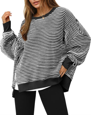 Women's Oversized Sweatshirt Waffle Long Sleeve Split Pullover Tunic Tops