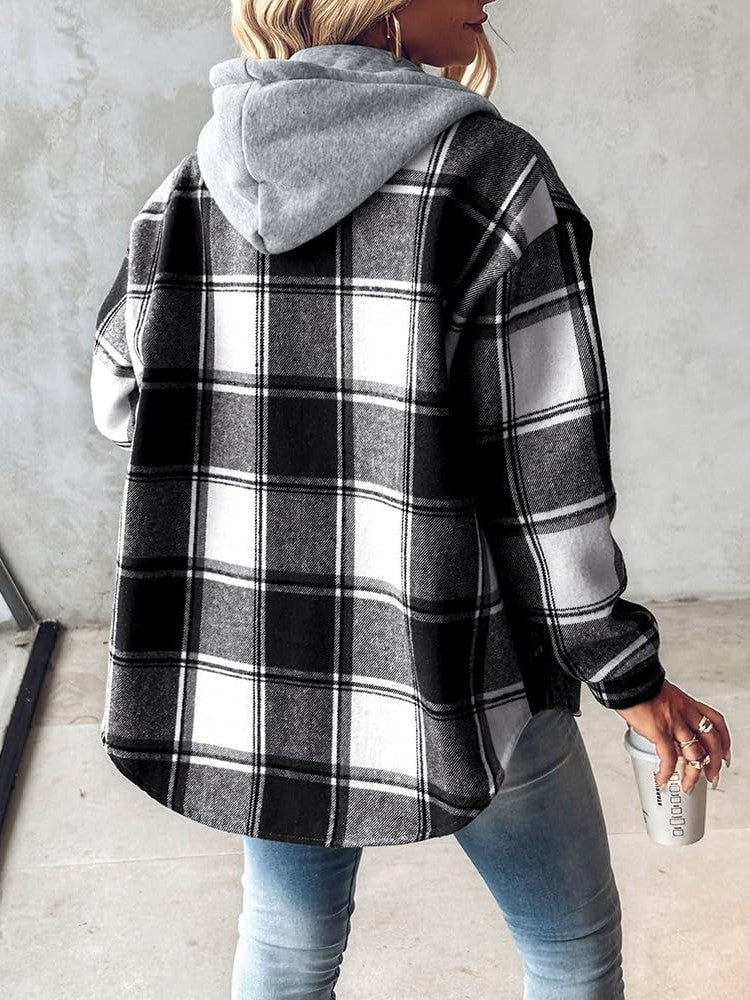 Women's Plaid Button Down Fleece Lined Hooded Jackets Warm Coat
