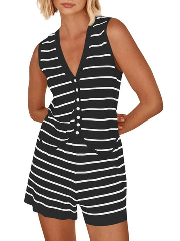 Women's Striped Knit Sleeveless V Neck Tops Short 2 Piece Sets
