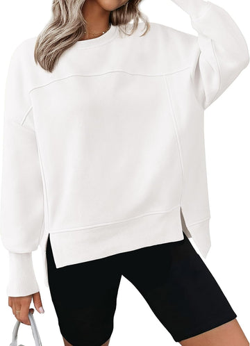 Women's Casual Crewneck Sweatshirts Long Sleeve Side Slit Fleece Pullover Tops