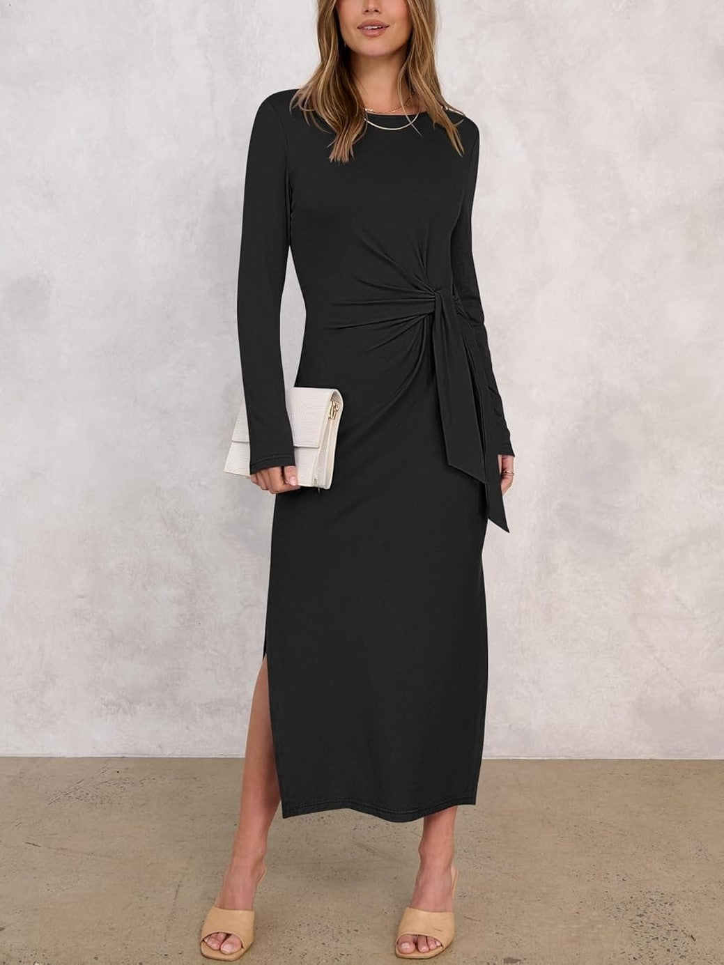 Women's Casual Long Sleeve Tie Waist Slit Maxi Dress