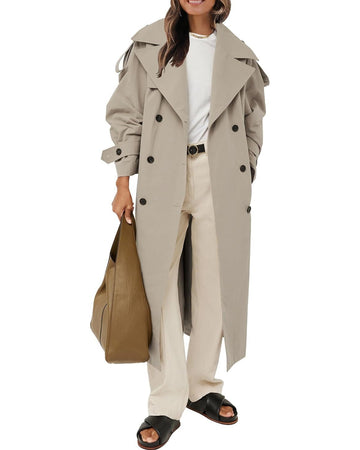 Womens Oversized Long Trench Coat Double Breasted Lapel Windproof Overcoat