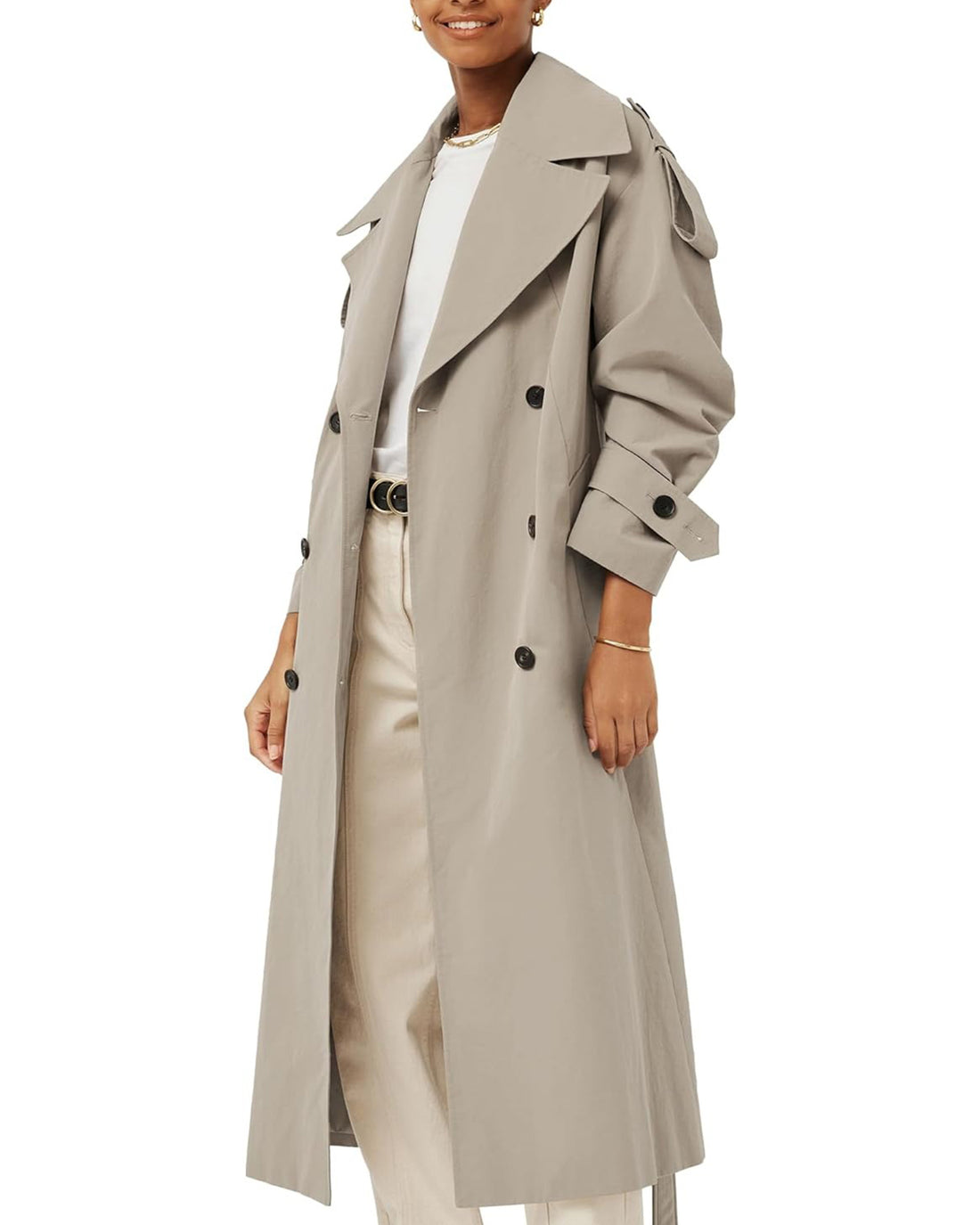 Womens Oversized Long Trench Coat Double Breasted Lapel Windproof Overcoat