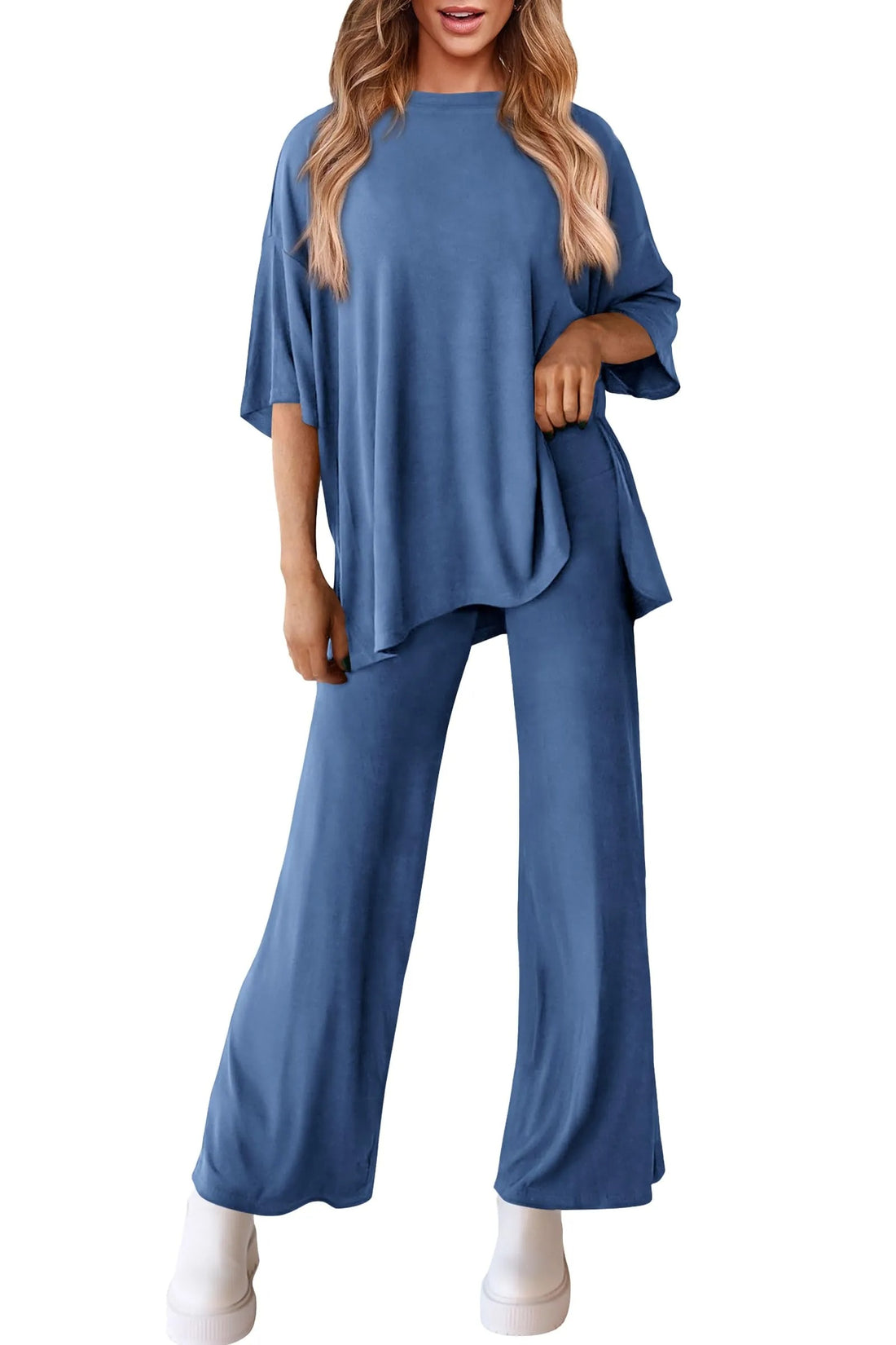 Women's 2 Piece Outfits Casual Short Tops and Wide Leg Pants Lounge Sets