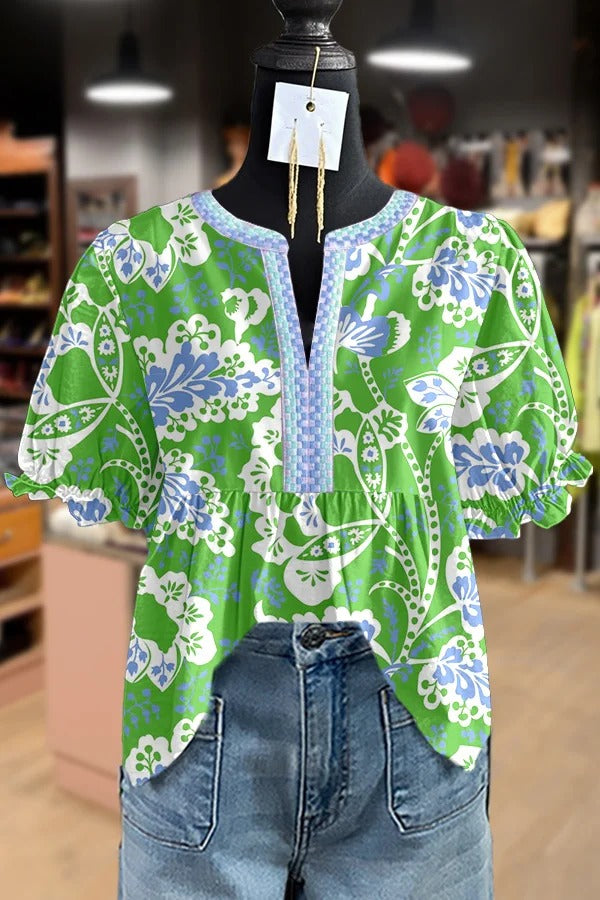 Women's Vintage Floral Print Embroidered Collar Puff Sleeve Top
