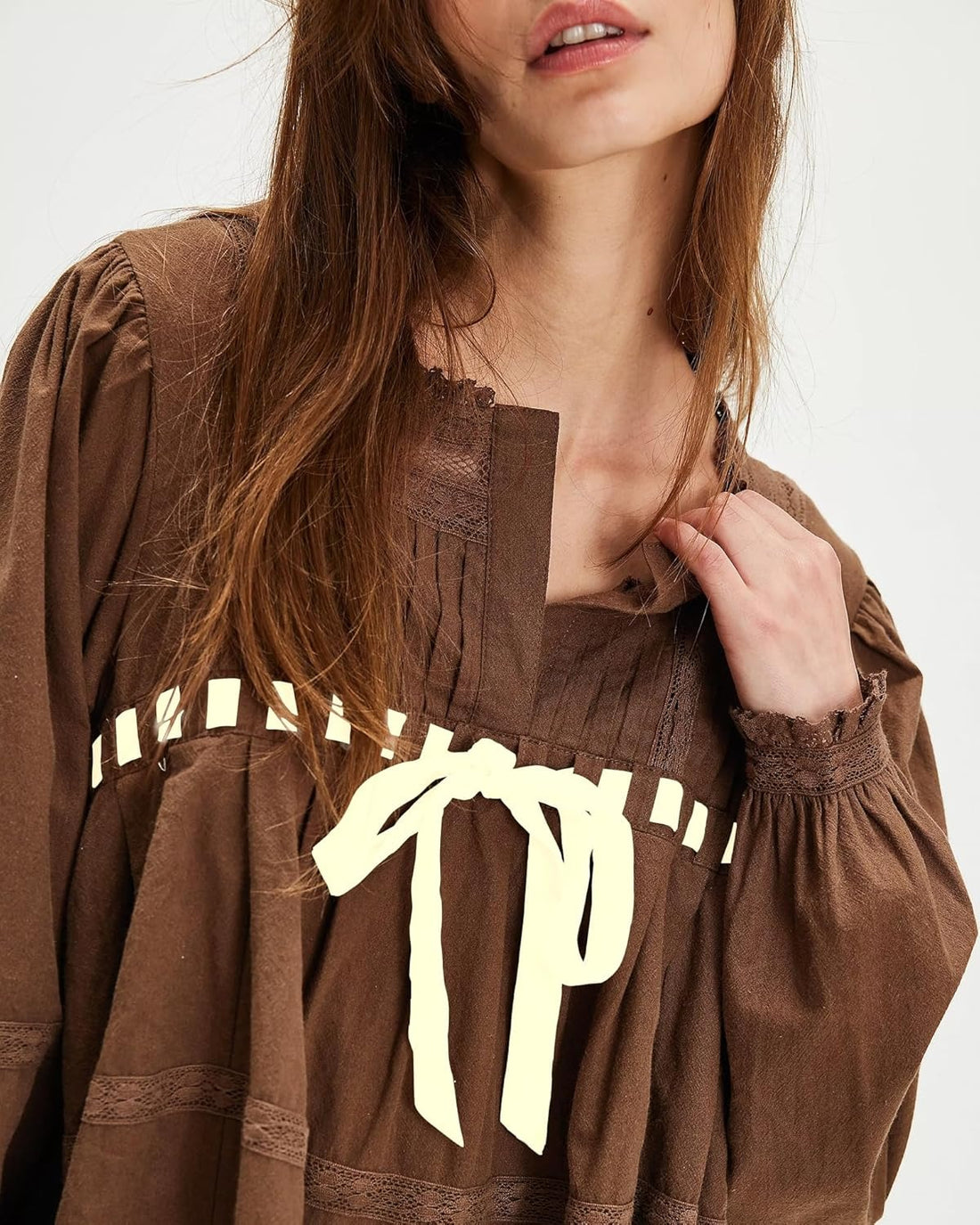 Women's Square Neck Tie Front Long Sleeve Lace Trim Mini Dress