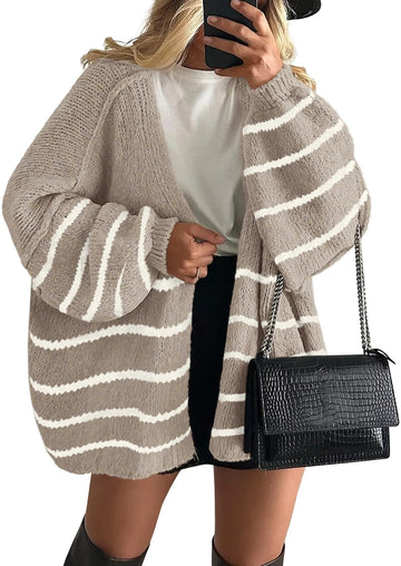 Women's Oversized Balloon Sleeve Striped Cardigan Sweater
