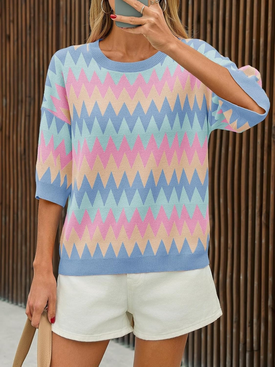 Womens Half Sleeve Crew Neck Color Block Striped Sweater Tops