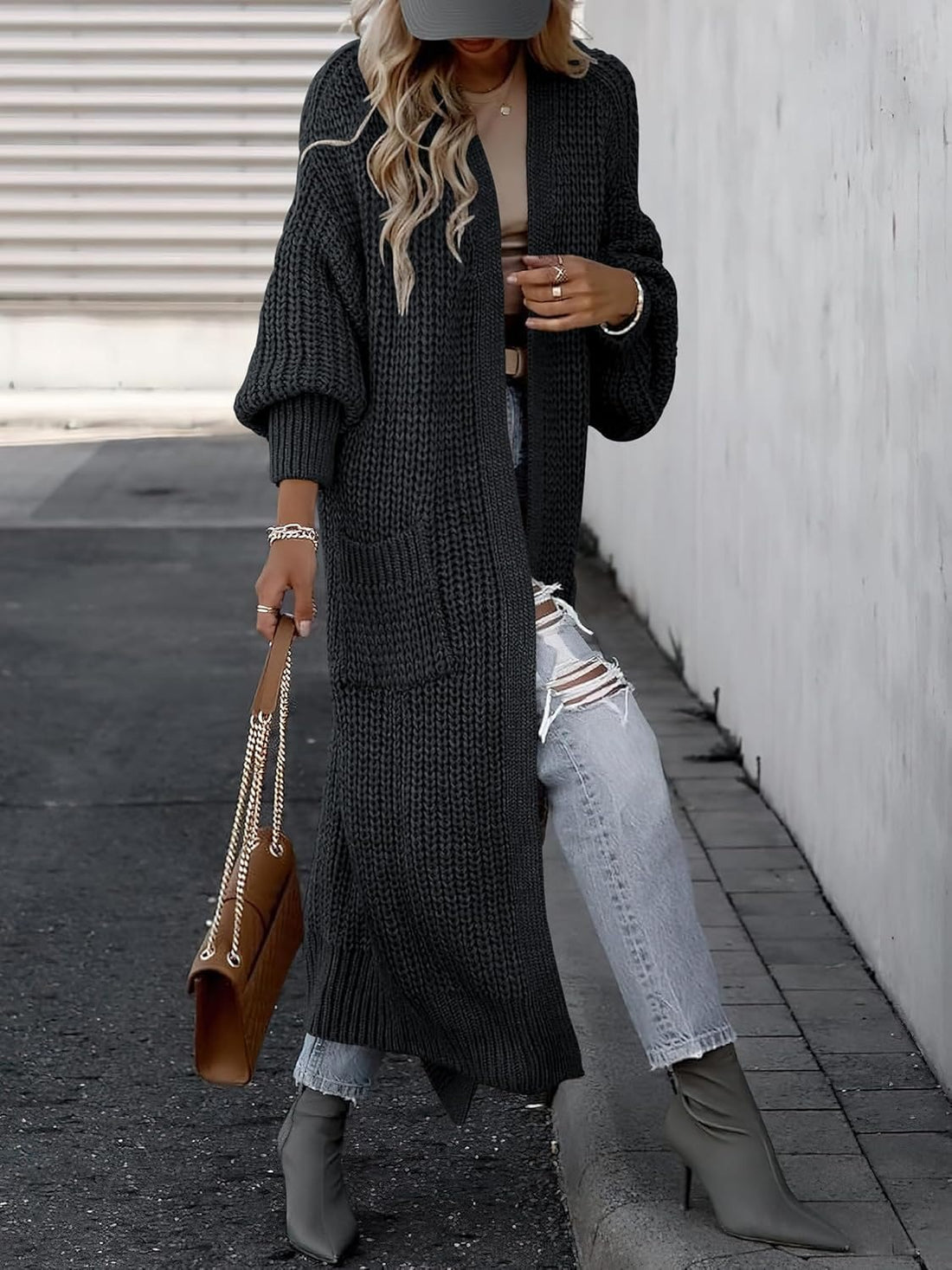 Women's Open Front Knit Long Cardigan Sweaters with Pockets