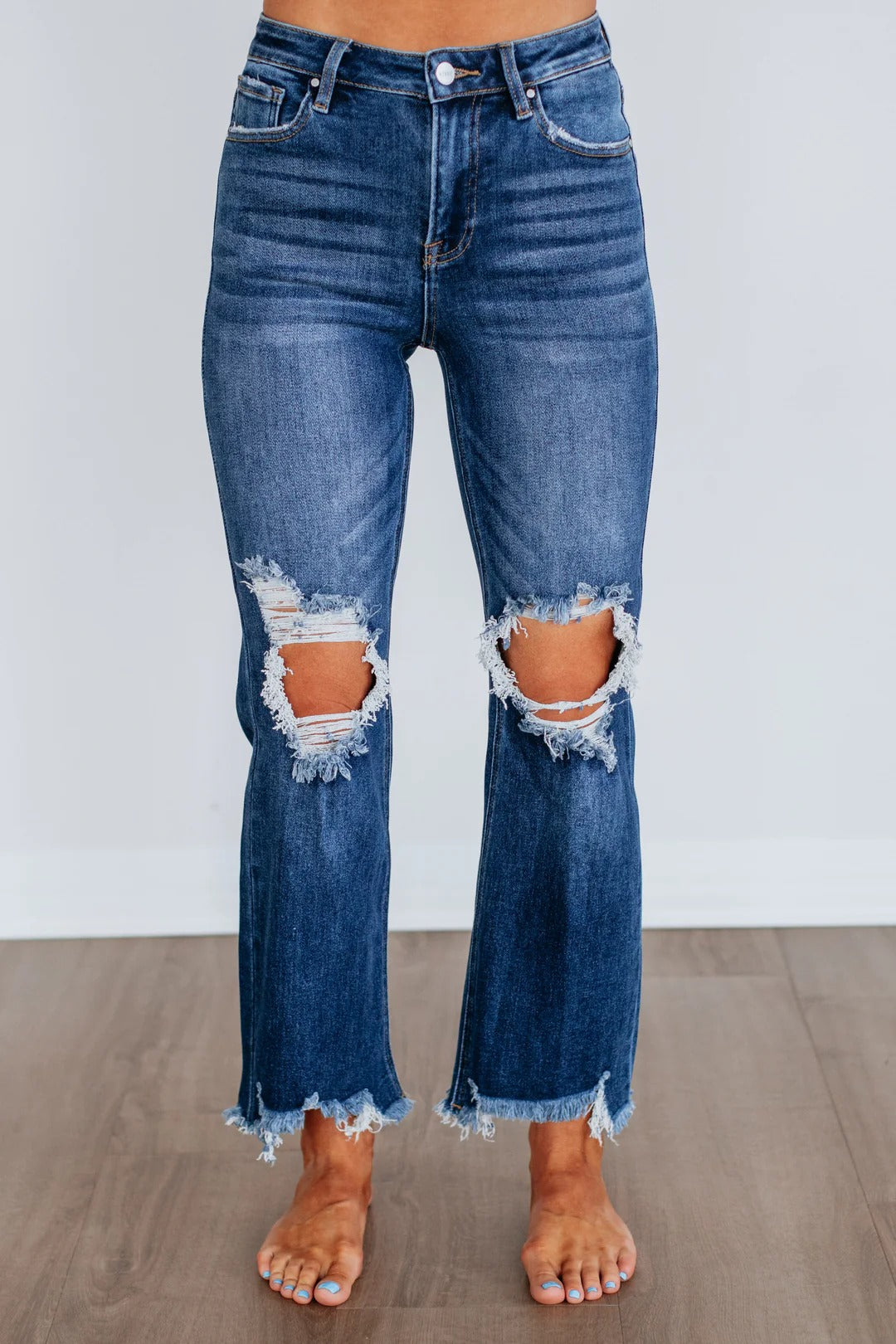 Women's Washed Ripped High Waist Raw Hem Jeans