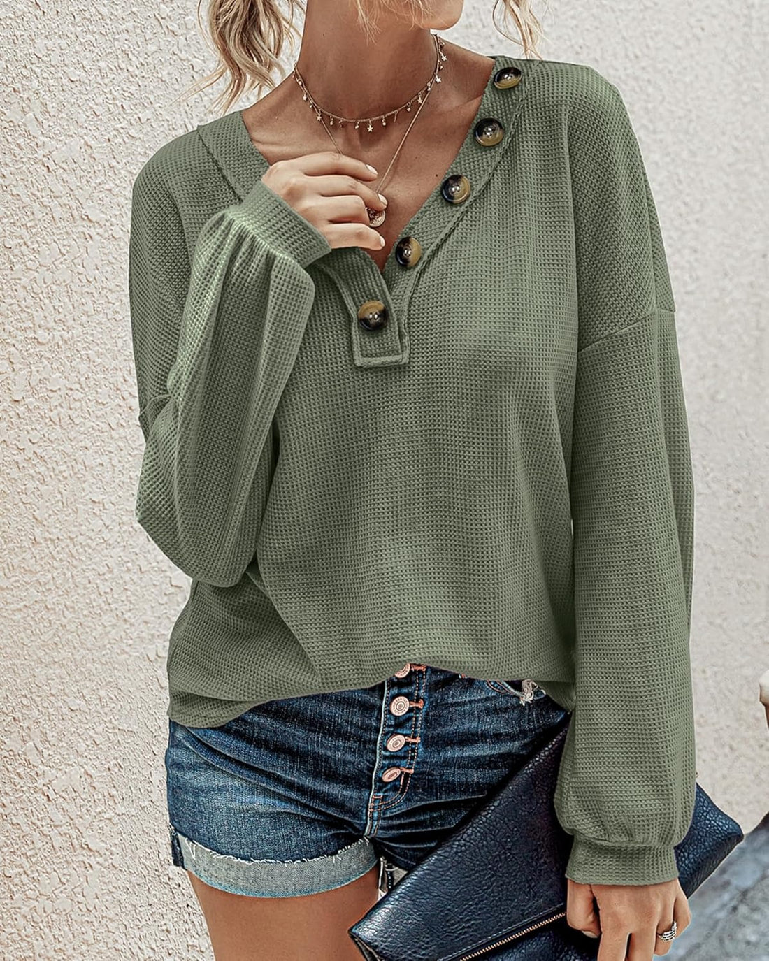 Women's Casual V Neck Deco Button Lightweight Waffle Knit Tops