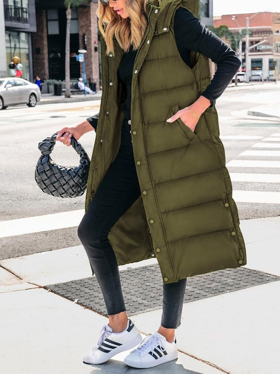 Women's Hooded Button Zipper Long Puffer Vest Jacket Coat