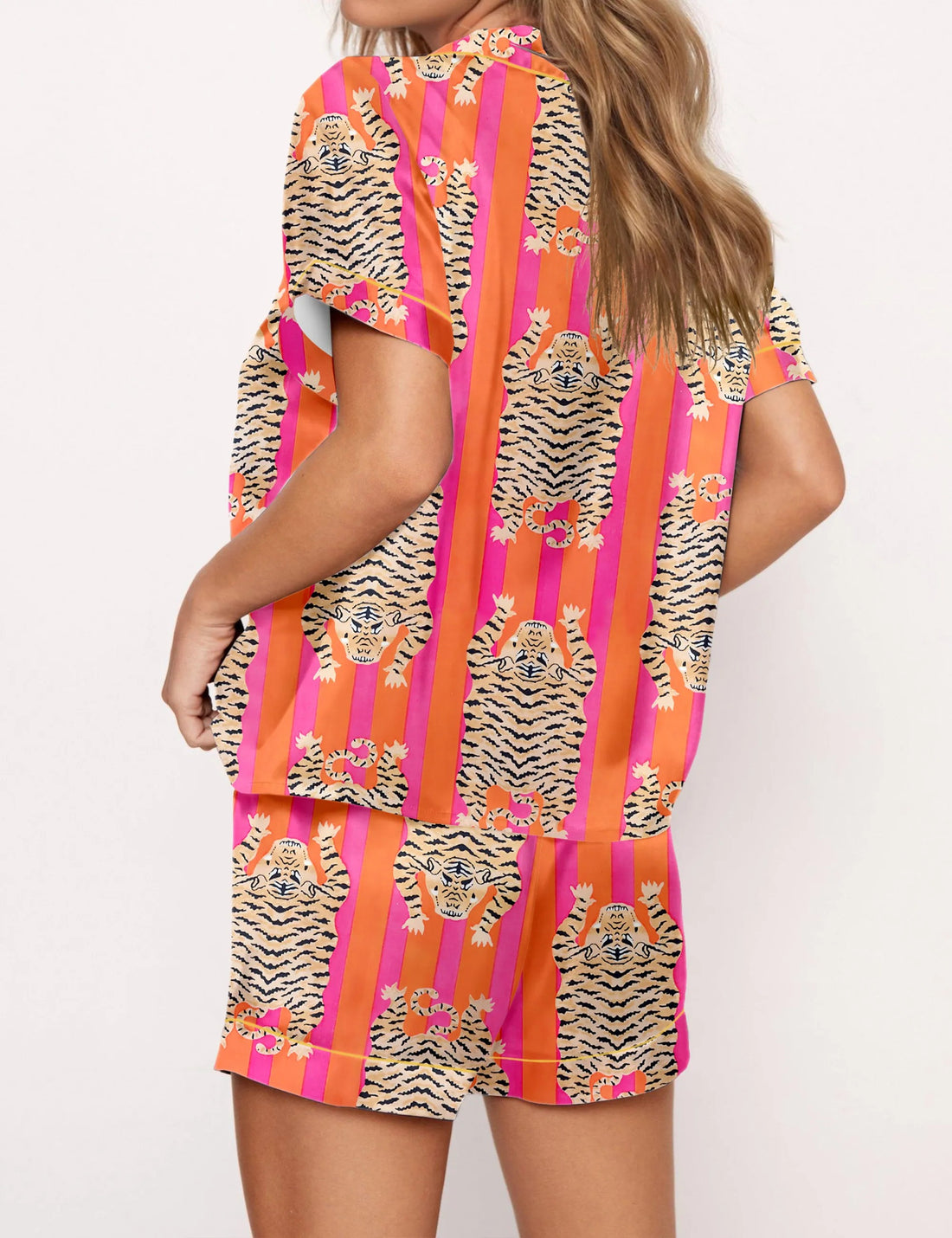 Women's Summer Printed Short Sleeve High Waist Shorts Pajama Set