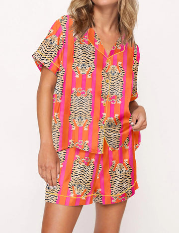 Women's Summer Printed Short Sleeve High Waist Shorts Pajama Set