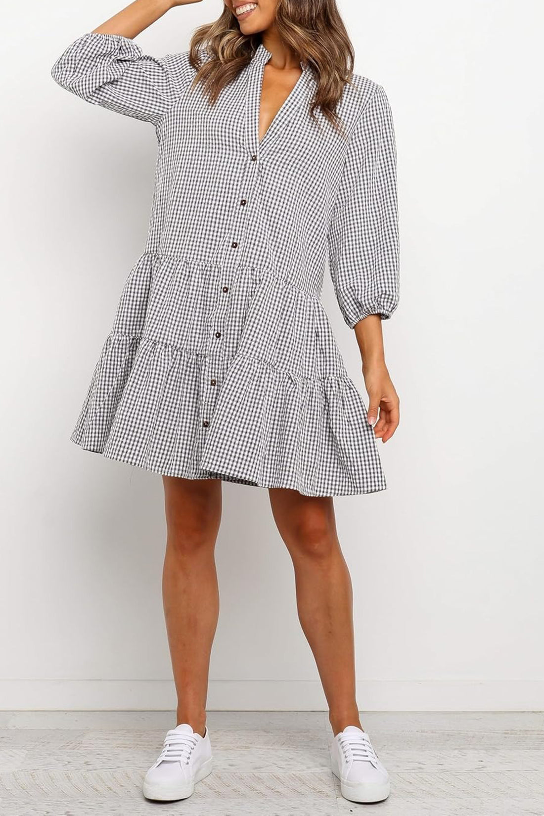Women's Plaid Shirt Dress 3/4 Puff Sleeve Button Down Midi Dress
