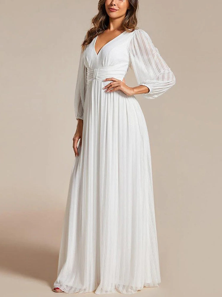 Women's Glittery Empire Waist Long Lantern Sleeves A-Line Evening Dress