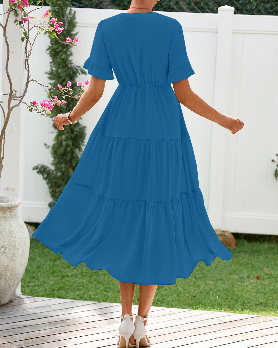 Women's V-Neck Ruffle Short Sleeve A-Line Layered Flowy Dress